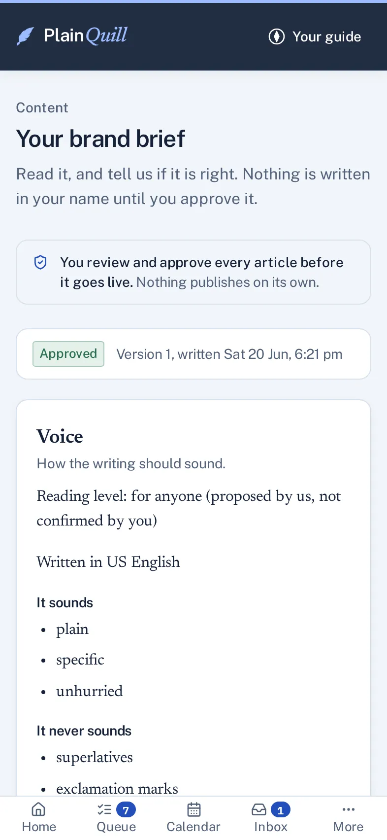 The start of a demo brand brief on a phone, marked approved: a reminder that nothing publishes without your approval, then its voice, with the reading level, US English, how the writing sounds and what it never sounds like.