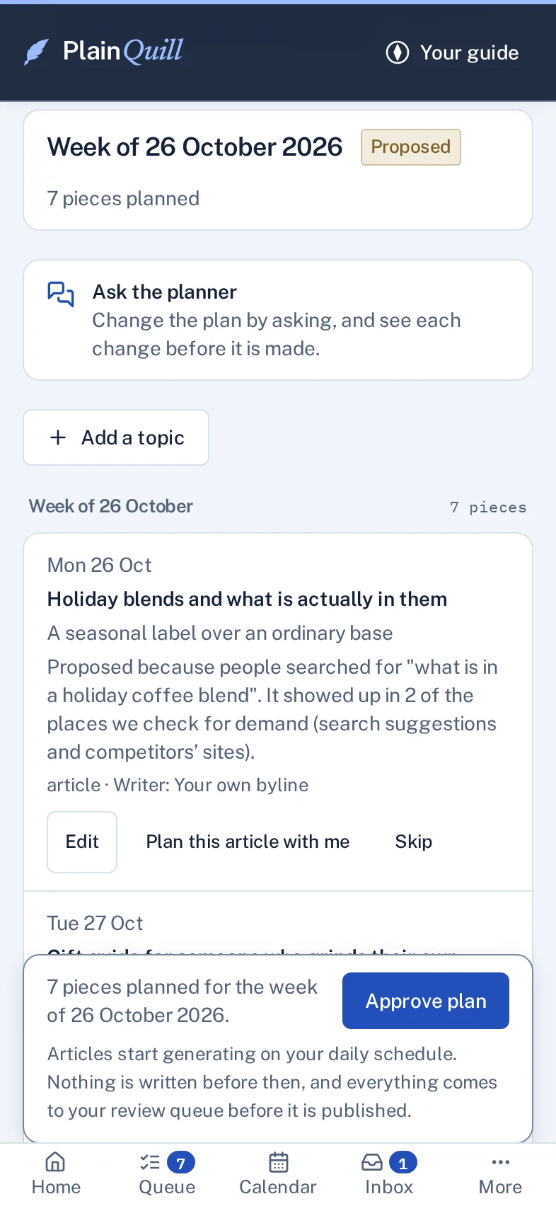 A demo plan on a phone, headed Week of 26 October 2026 and proposed, with 7 pieces planned, a box to ask the planner for changes, an Add a topic button, the first proposed article, "Holiday blends and what is actually in them" on Monday 26 October, with the search that prompted it and Edit, Plan this article with me and Skip, and a bar at the bottom reading 7 pieces planned for the week of 26 October 2026 with an Approve plan button.