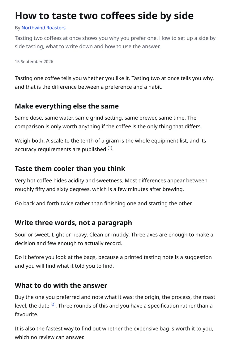 The top of a published demo article on a desktop screen, "How to taste two coffees side by side", with its byline, summary and date, its section headings and numbered citation markers in the text.