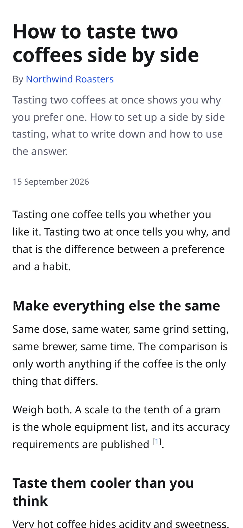 A published demo article on a phone, "How to taste two coffees side by side", with its byline, summary and date, its opening paragraph, its first section headings and a numbered citation marker.