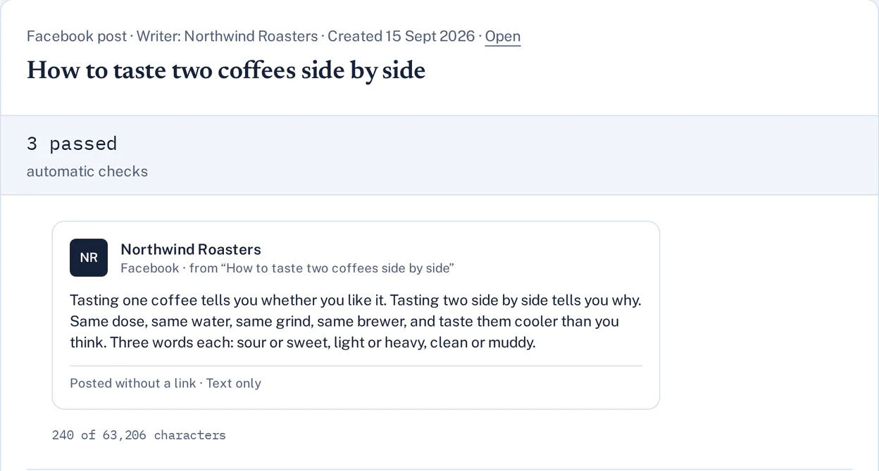 A Facebook post waiting in a demo account's review queue on a desktop screen, written from the article "How to taste two coffees side by side" and shown as it will appear on Facebook, with its automatic checks and its character count.