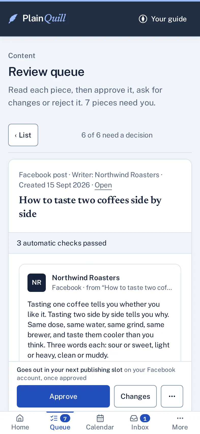 A Facebook post open in a demo account's review queue on a phone, written from the article "How to taste two coffees side by side": 3 automatic checks passed, the post as it will appear on Facebook, and one row of Approve, Changes and a menu button.