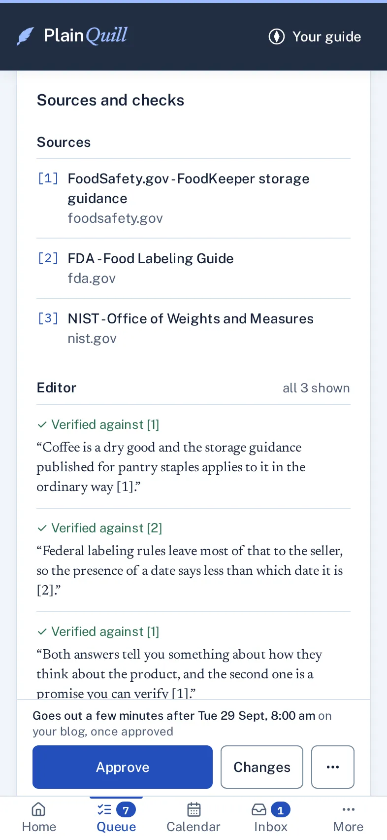 The Sources and checks section of a demo article on a phone: its 3 numbered sources, from foodsafety.gov, fda.gov and nist.gov, then the statements the editor verified, each marked with the source it was verified against, and one row of Approve, Changes and a menu button.